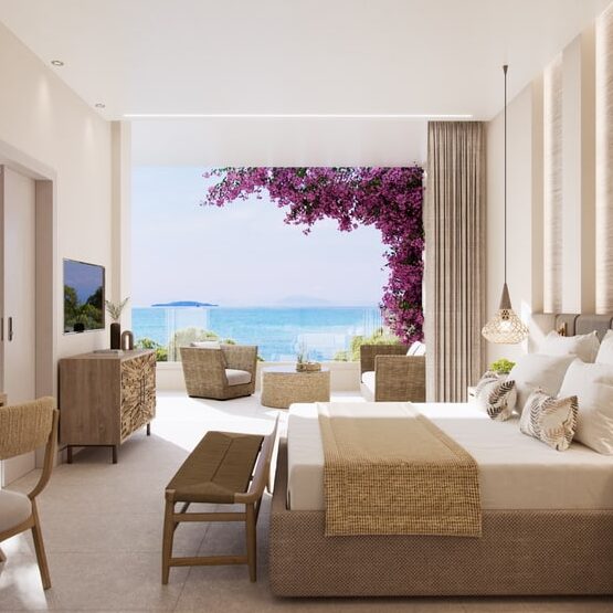 Luxuriöses Lifestyle Hotel Ikos Meeresblick Suite Doppelbett