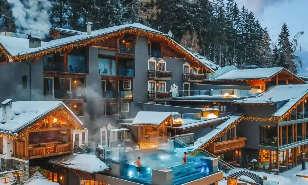 Chalet Infinity Pool Lichterketten Romantik Wintererlebnis