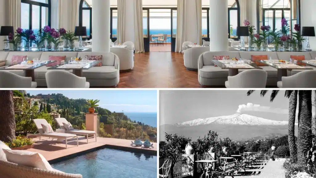 Das Four Seasons Hotel San Domenico Palace in Taormina, einst ein Dominikanerkloster aus dem 14. Jahrhundert, verzaubert mit Blick auf die Ionische Küste und den Ätna. Nach der Umwandlung in ein Luxushotel 1896 und der Renovierung 2021 verbindet es historischen Charme mit modernem Luxus. © Taormina (San Domenico Palace)