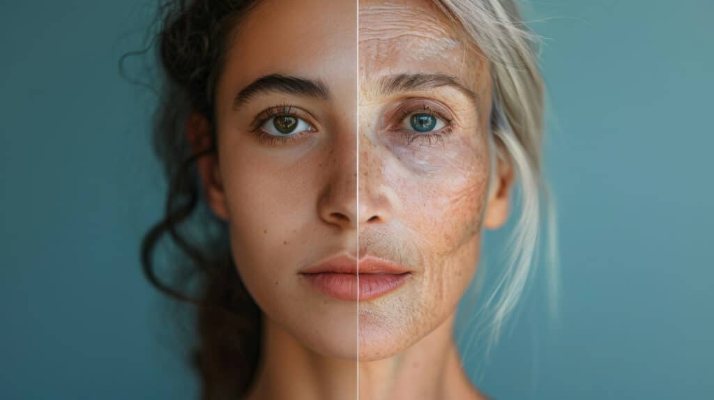 Gesicht einer Frau im Alterungsvergleich: junge und reife Haut nebeneinander für Longevity-Konzept